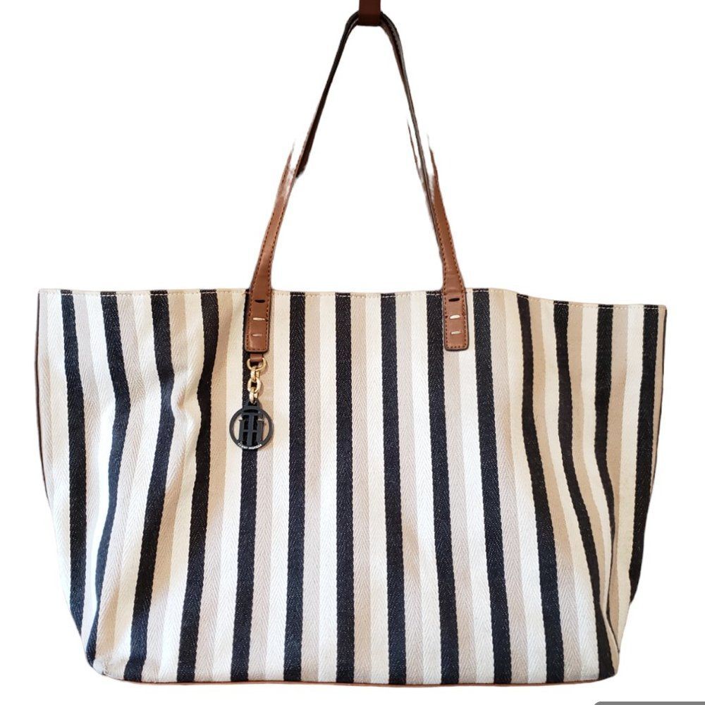 Tommy Hilfiger Black Tan Striped Canvas Large Shoulder Tote Bag Brass Logo Charm